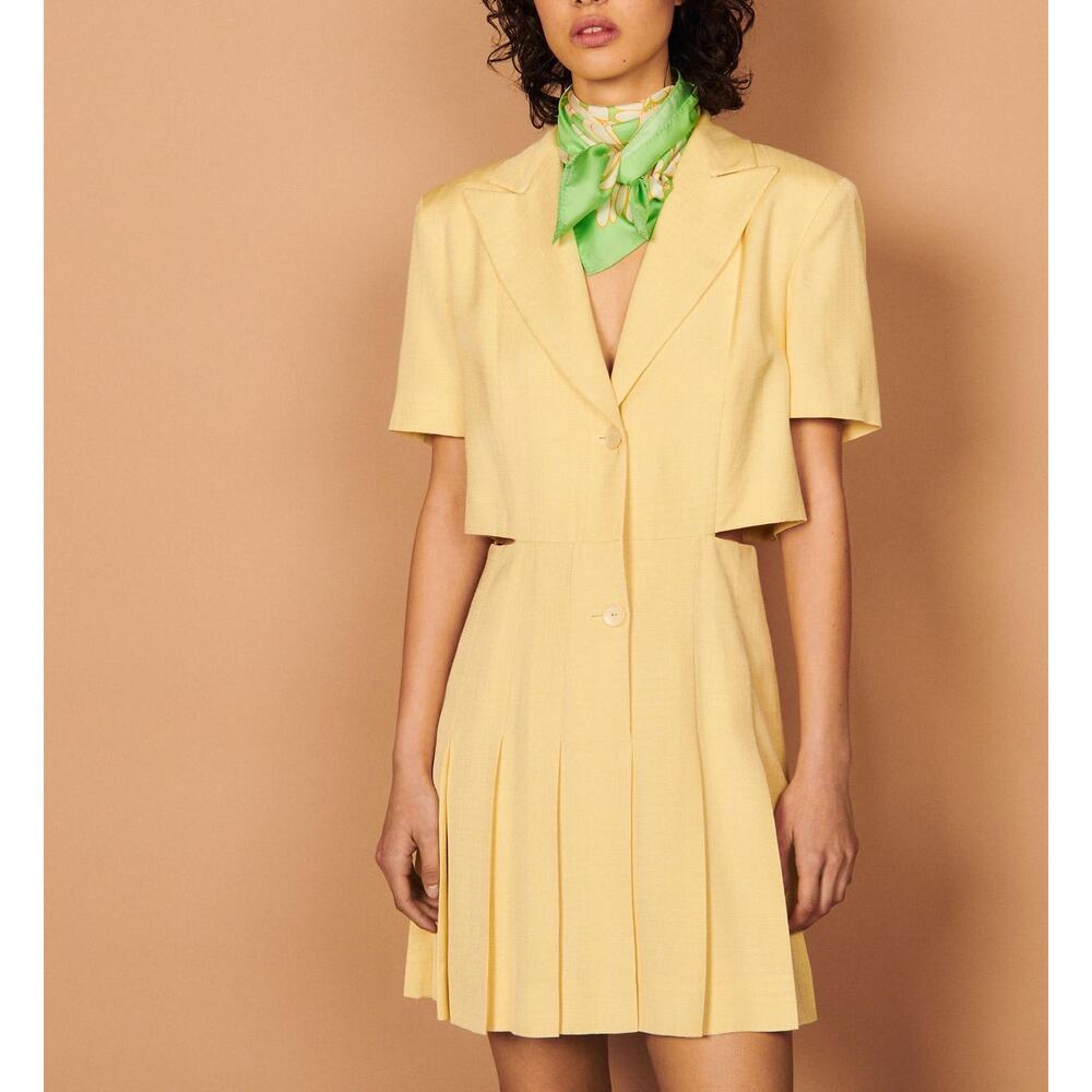 Sandro Minimalist Butter Yellow Tailored Pleated Cut Out Dress Size XS